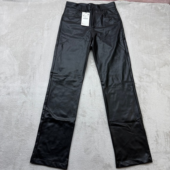 Zara Pants - Zara Pants Women's Medium Faux Leather Black High Waisted Straight Leg Edgy Chic